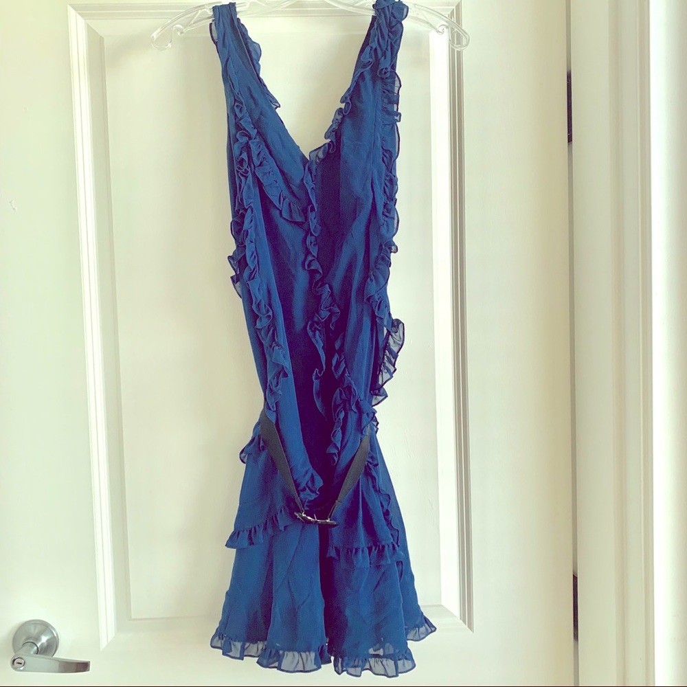 BCBGMAXAZRIA sleeveless navy ruffle dress